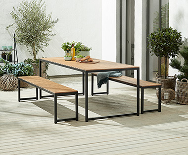 Table de jardin rectangulaire en bois d'art et métal noir combinée à un banc