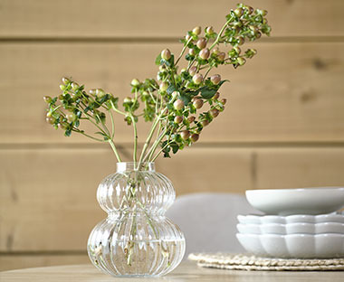 Tavolo con vaso trasparente e piante verdi affiancati da piatti bianchi su pila