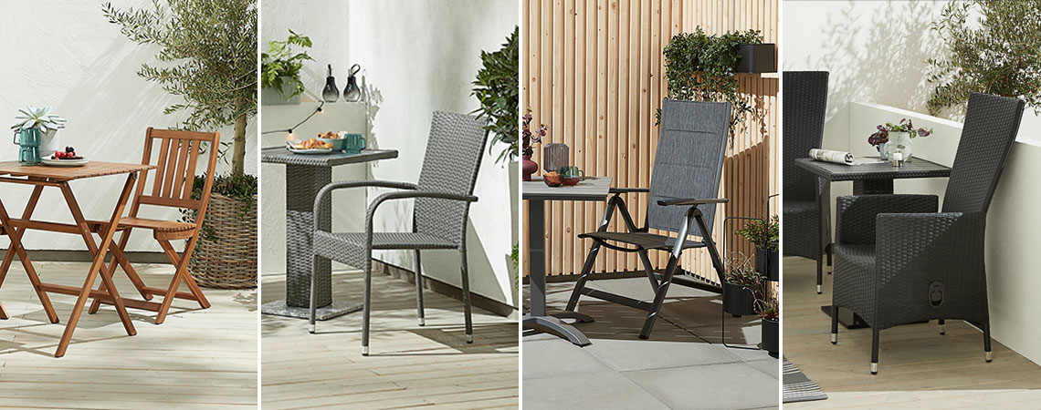 Una sedia pieghevole, una sedia impilabile, una sedia reclinabile e una sedia da giardino