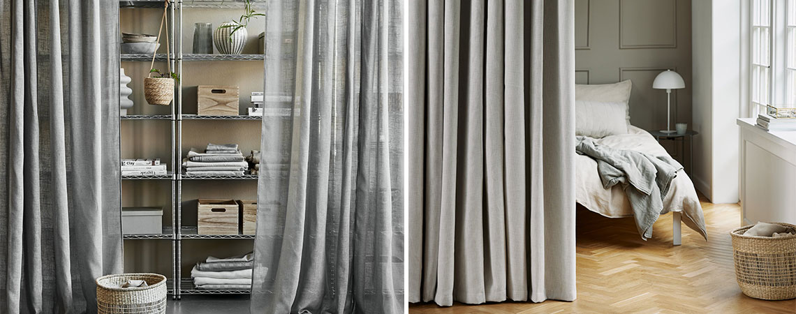 Transparenter Vorhang vor einem Regal und beiger Vorhang vor einem Bett