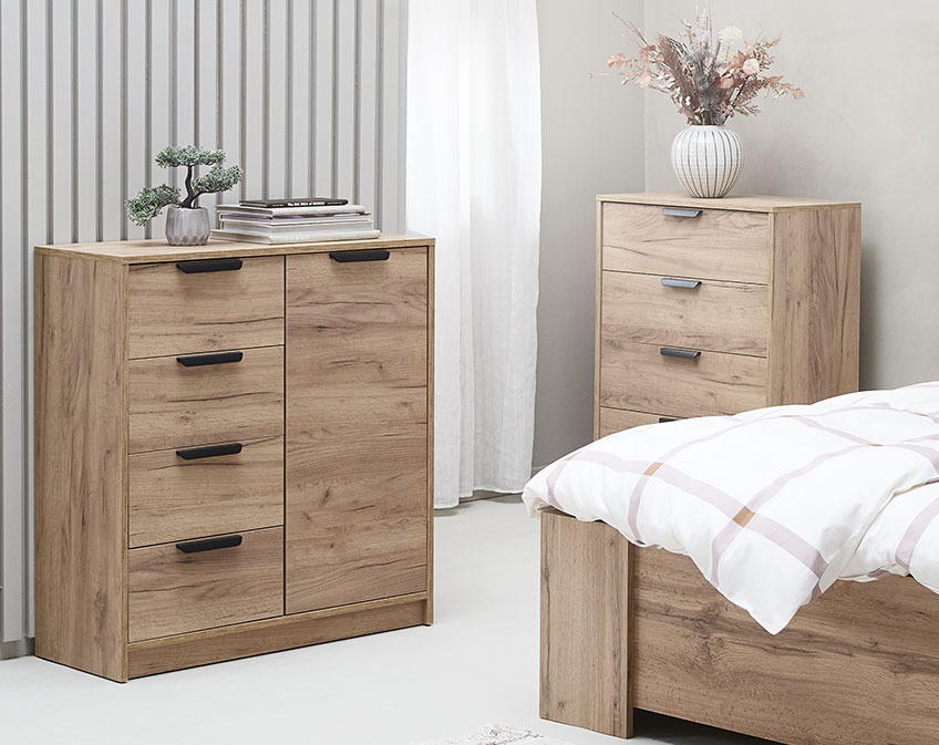 JENSLEV chest of drawers with four drawers and a door Two different chests of drawers in a bedroom