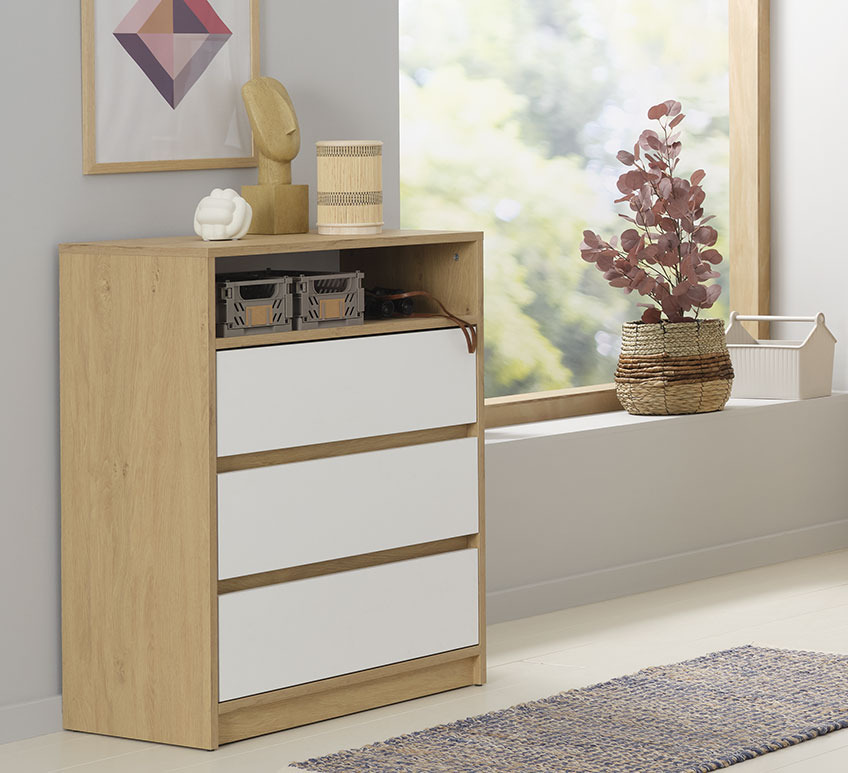 BILLUND chest of drawers in white/oak Chest of drawers with three drawers and a shelf