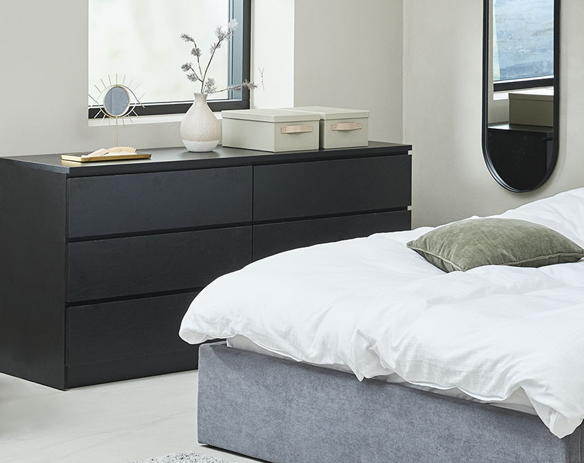 LIMFJORDEN chest of drawers is available in black, white and oak colour Black chest of drawers in a bedroom