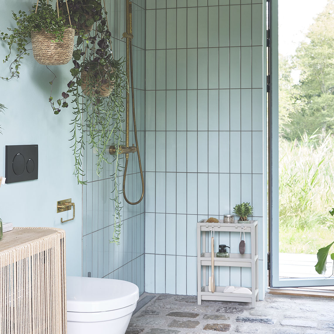 Badezimmer mit einer Dusche, einem Badregal und einigen Hängepflanzen