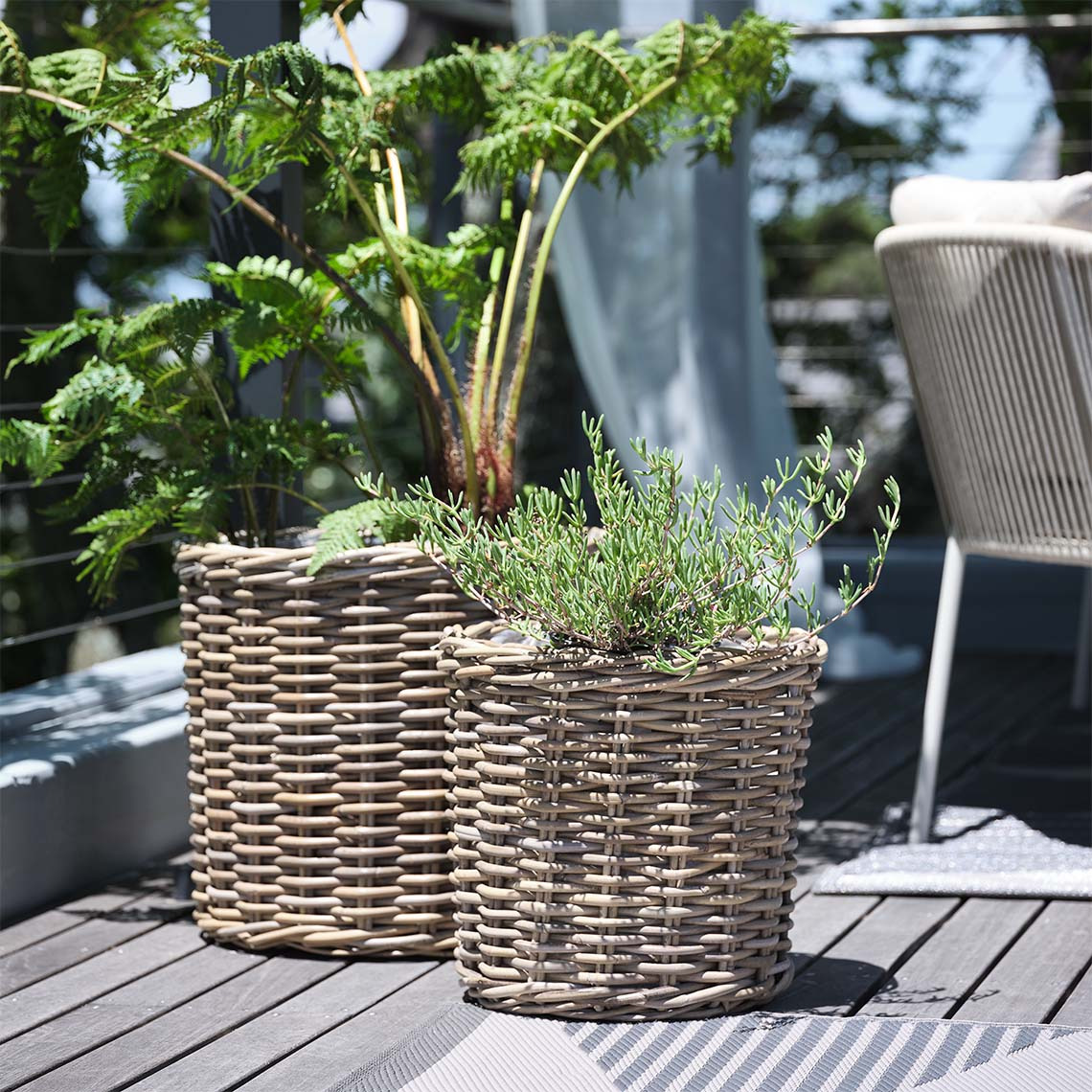 Cesti per piante da giardino in rattan naturale con piante sul patio soleggiato