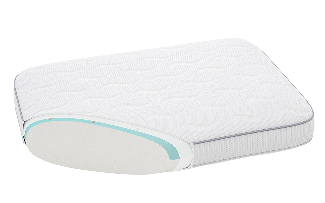 Das VARDO Kissen verfügt über eine kühlende Gelschicht sowie einen kühlenden Bezug Querschnitt eines kühlenden Kissens mit Memory-Foam, Gelschicht und kühlendem Bezug