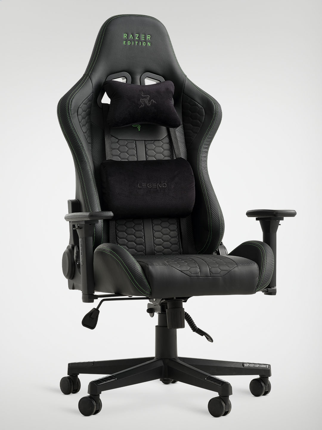 TYPE Z – RAZER EDITION™ BY LEGEND Gaming-Stuhl Schwarzer Razer-Gaming-Stuhl mit hoher Rückenlehne, verstellbaren Armlehnen und gepolsterten Kissen für ergonomische Unterstützung und Komfort.