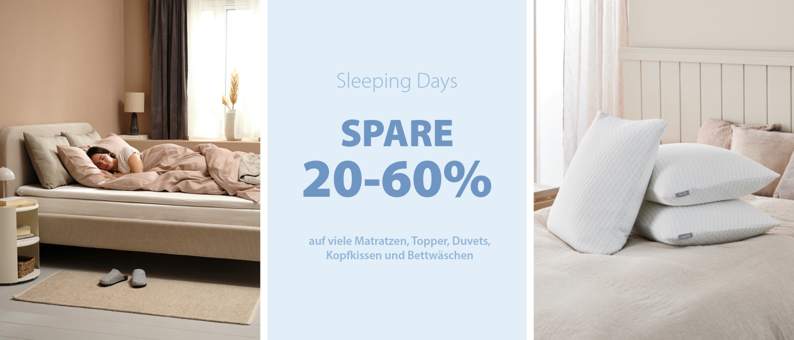 Sleeping Days Spare 20-60% auf viele Matratzen, Topper, Duvets, Kopfkissen und Bettwäschen