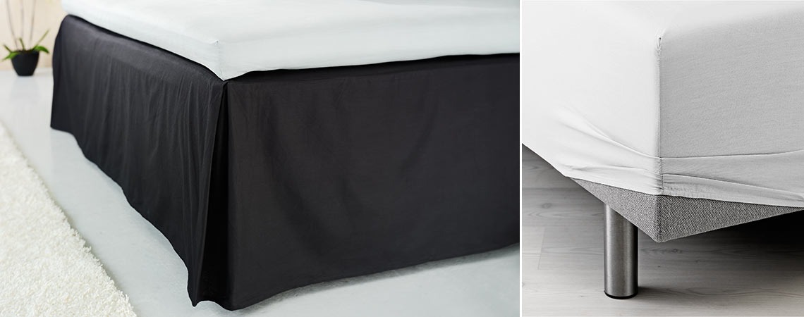 Draps de cantonnière en noir et draps ajustés en blanc