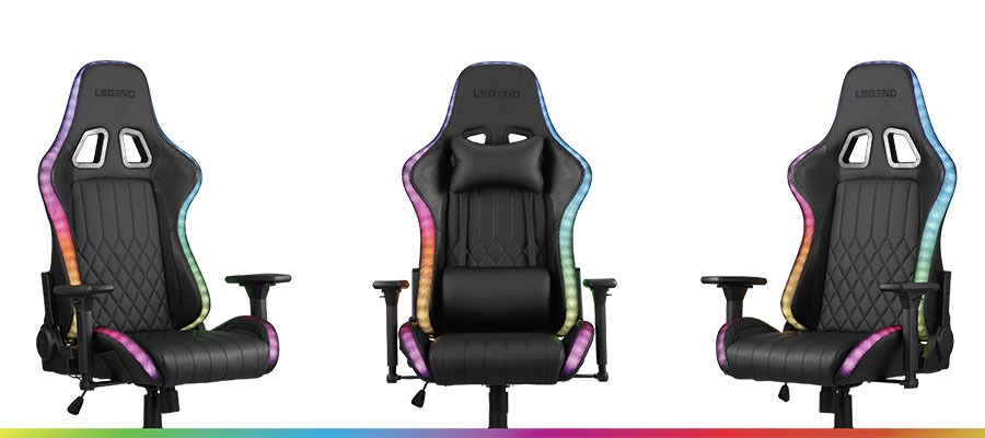 Schwarzer Gaming-Stuhl mit LEDs aus drei Perspektiven