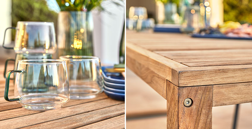 Gartentisch EBBESKOV und Becher ANDERS aus Glas Gartentisch aus recyceltem Holz