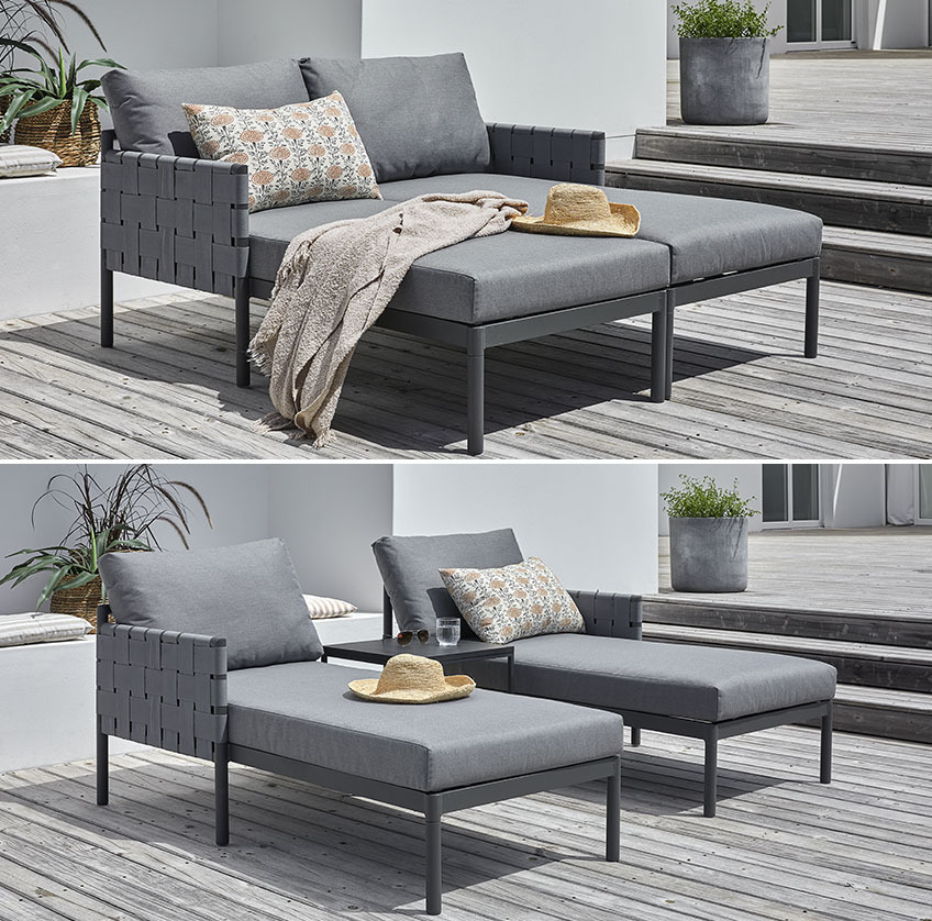 Lettino grigio in stile minimal elegant su terrazzo in legno