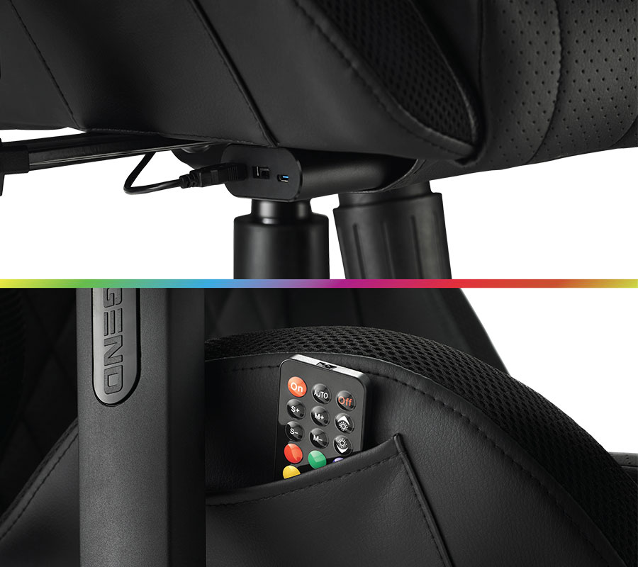Schwarzer Gaming-Stuhl mit LED-Lichtern und Stauraum